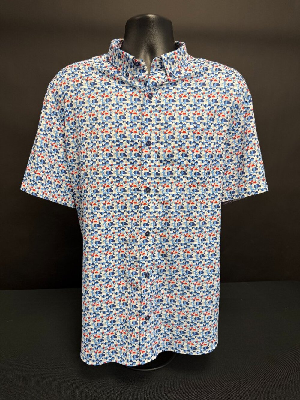 Red and Blue Patterned Johnston & Murphy Short Sleeved Button Down Shirt